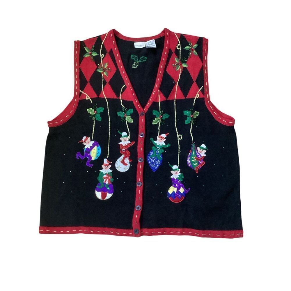 Vintage Plus Women’s Christmas Holiday Elves Embroidered Beaded Knit Sweater Ves
